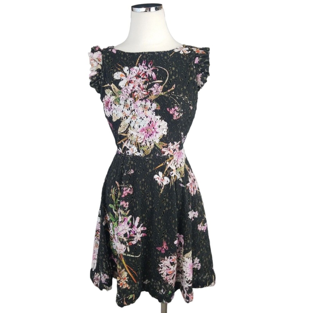 Anthropologie Eri +Ali Nevaeh Floral Lace Fit & Flare Dress Size 4 Black Ruffle